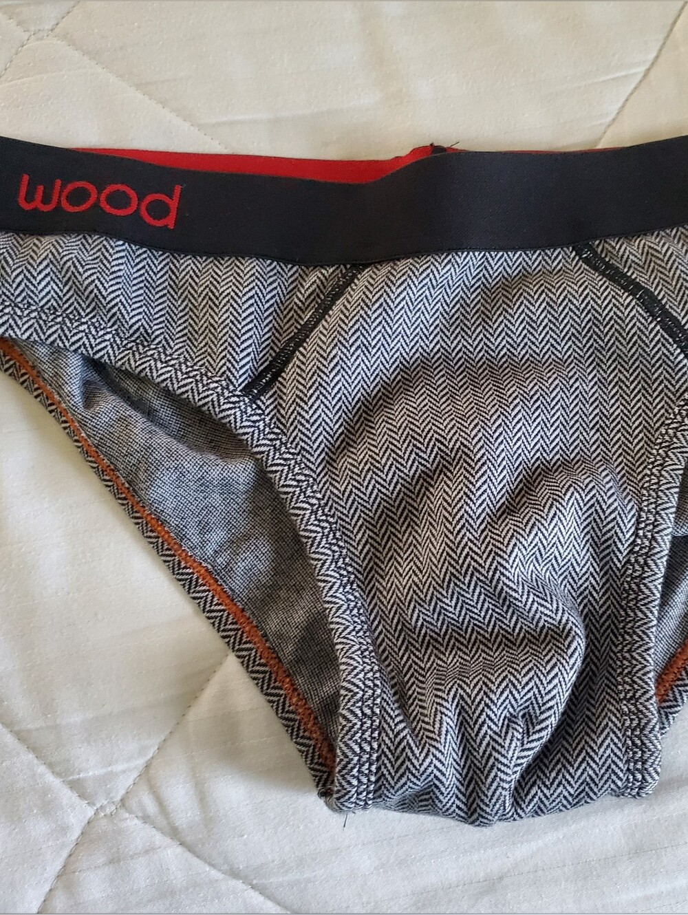 Wood Black & White Herringbone Briefs with Red Waistband Accent